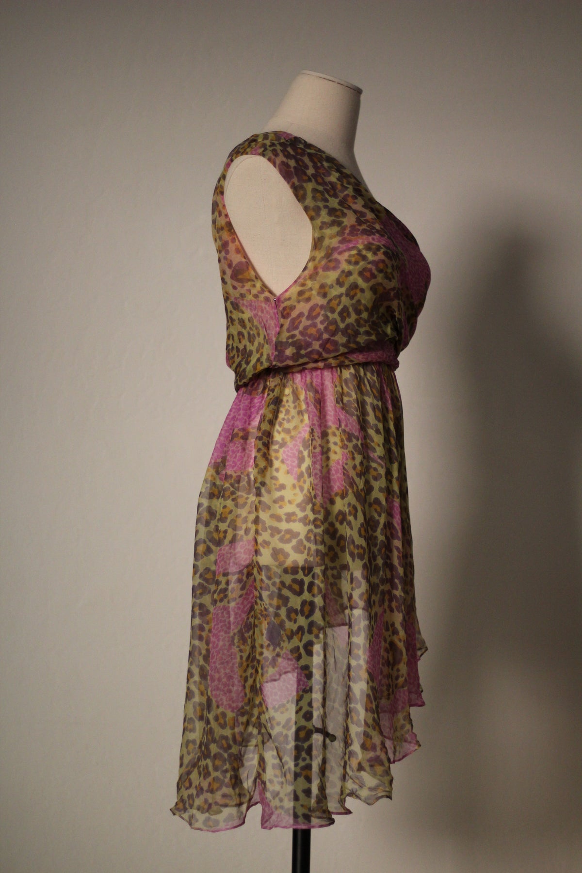 Yves Saint Laurent SS 1993 draped leopard print silk dress with an asymmetrical hem, side view