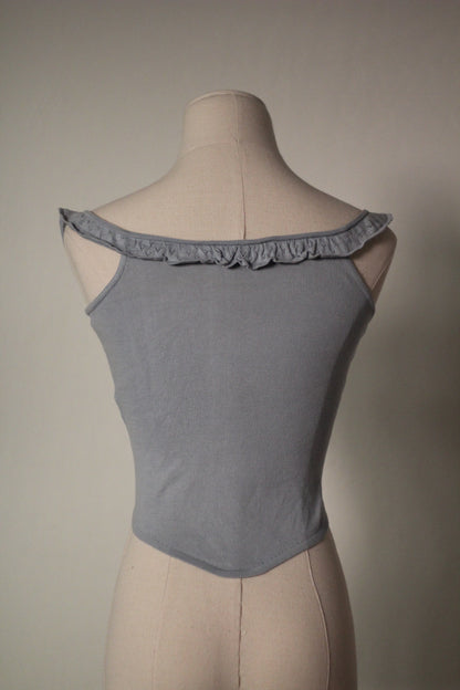 Back view of the gray Chloe by Stella McCartney S/S 1999 tank top, showing its ruffled straps and fitted ribbed knit construction