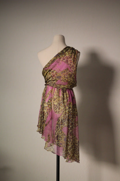 Yves Saint Laurent SS 1993 leopard print silk dress with pink and olive tones, showing the draped one-shoulder bodice and asymmetrical hem