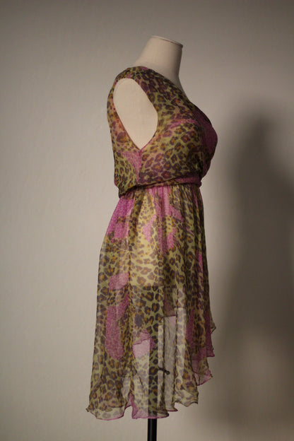 Yves Saint Laurent SS 1993 draped leopard print silk dress with an asymmetrical hem, side view