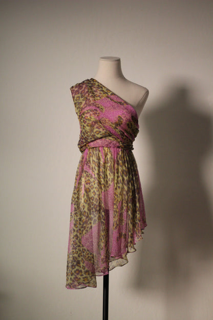 Yves Saint Laurent SS 1993 pink and olive leopard print silk dress, front view