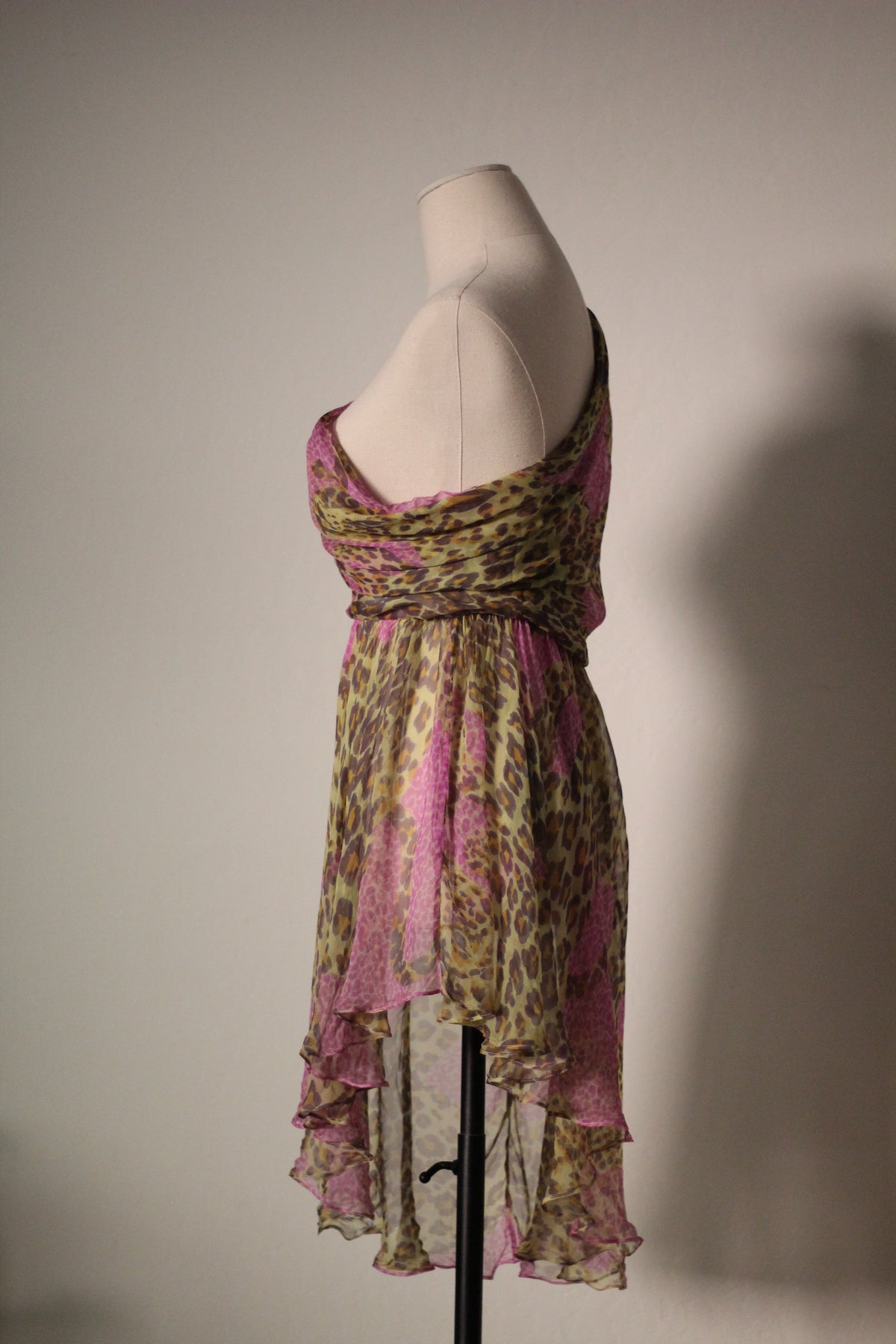 Yves Saint Laurent SS 1993 asymmetrical leopard print silk dress, side view