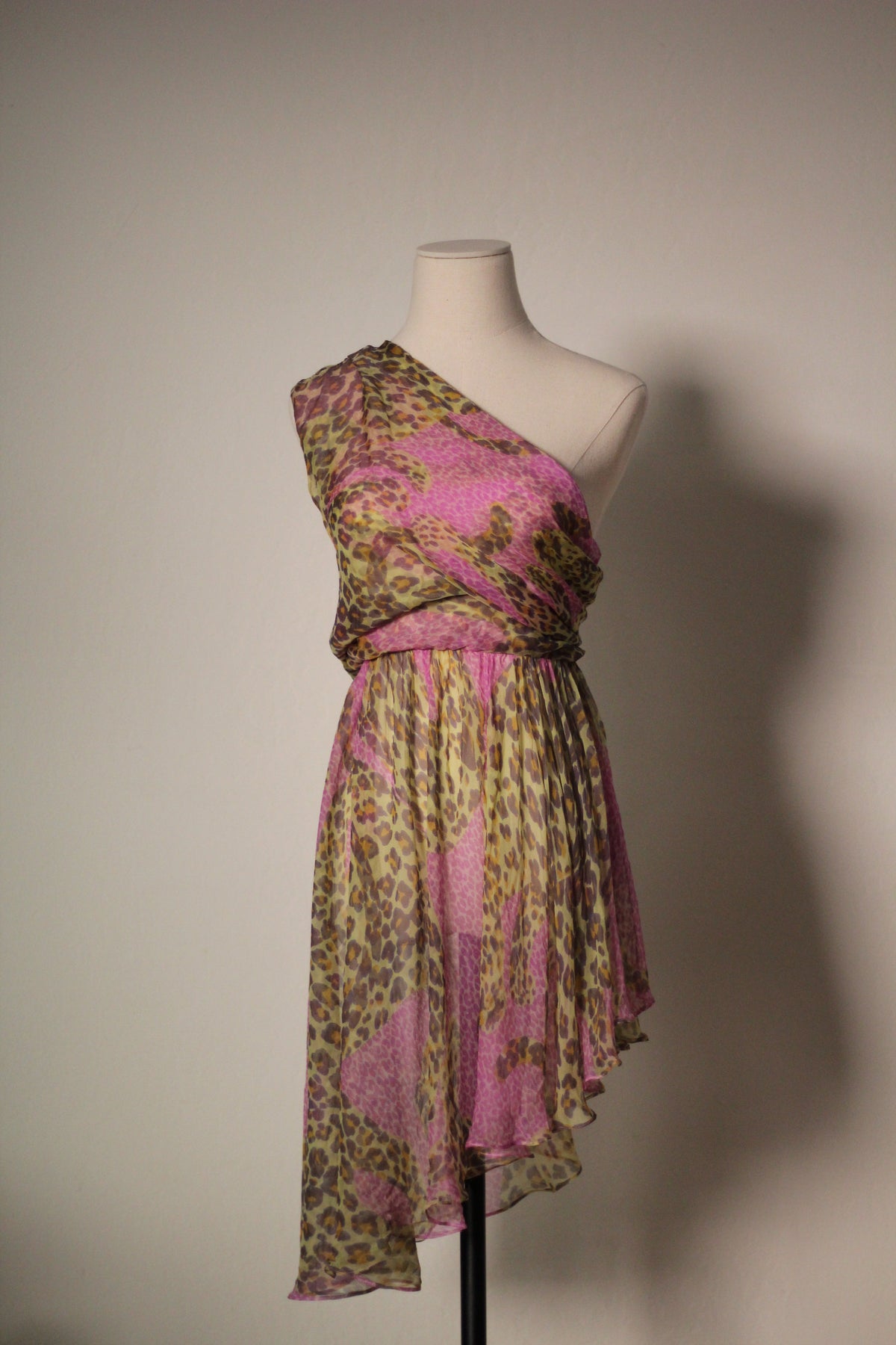 Yves Saint Laurent SS 1993 one-shoulder leopard print silk dress, front view