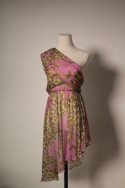 Yves Saint Laurent SS 1993 one-shoulder leopard print silk dress, front view